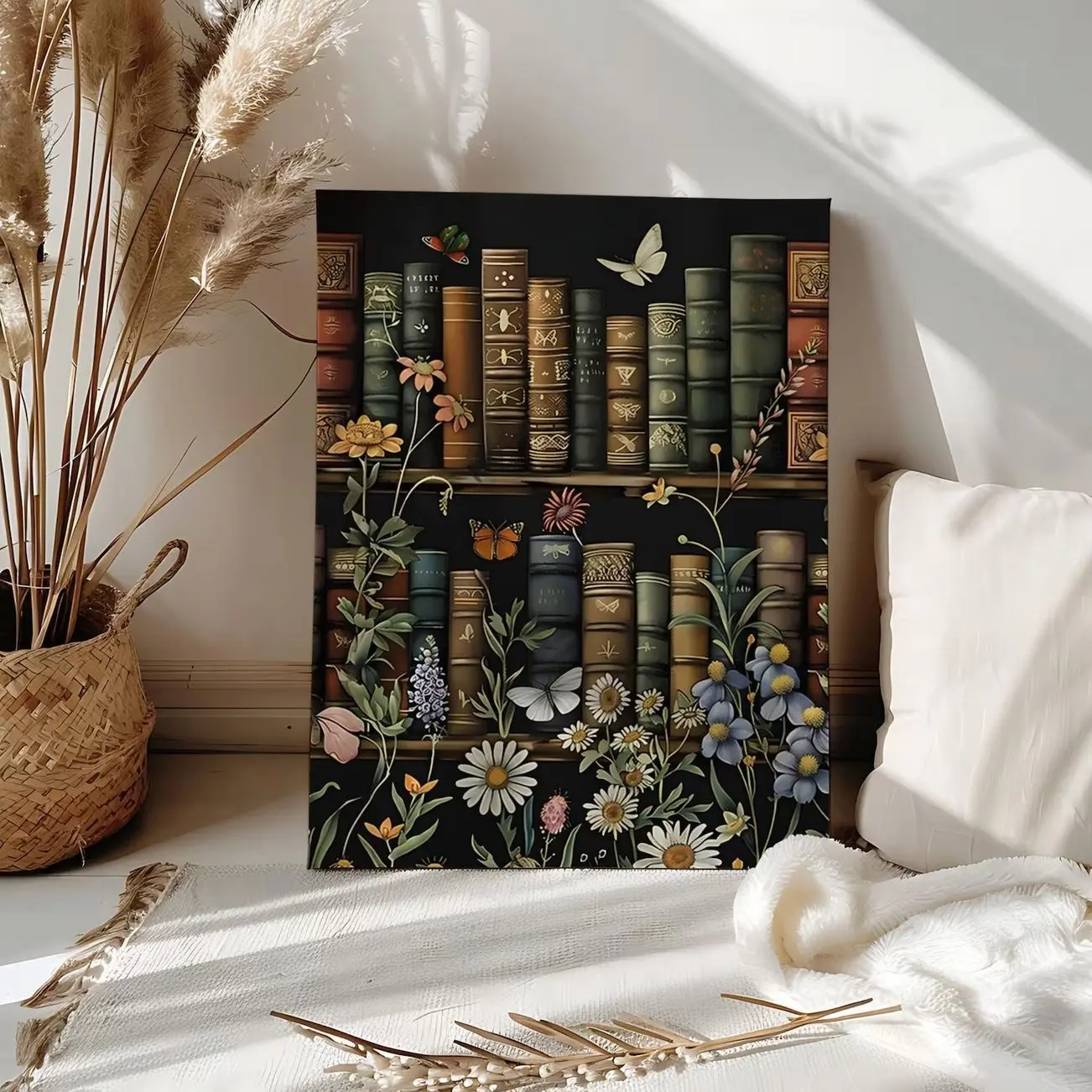 Book Lover Paint by Number Kit Bookshelf Dark Stack of Books Floral Color Paint Numbers Bookworm Wall Art Reading Nook Canvas Paint Number