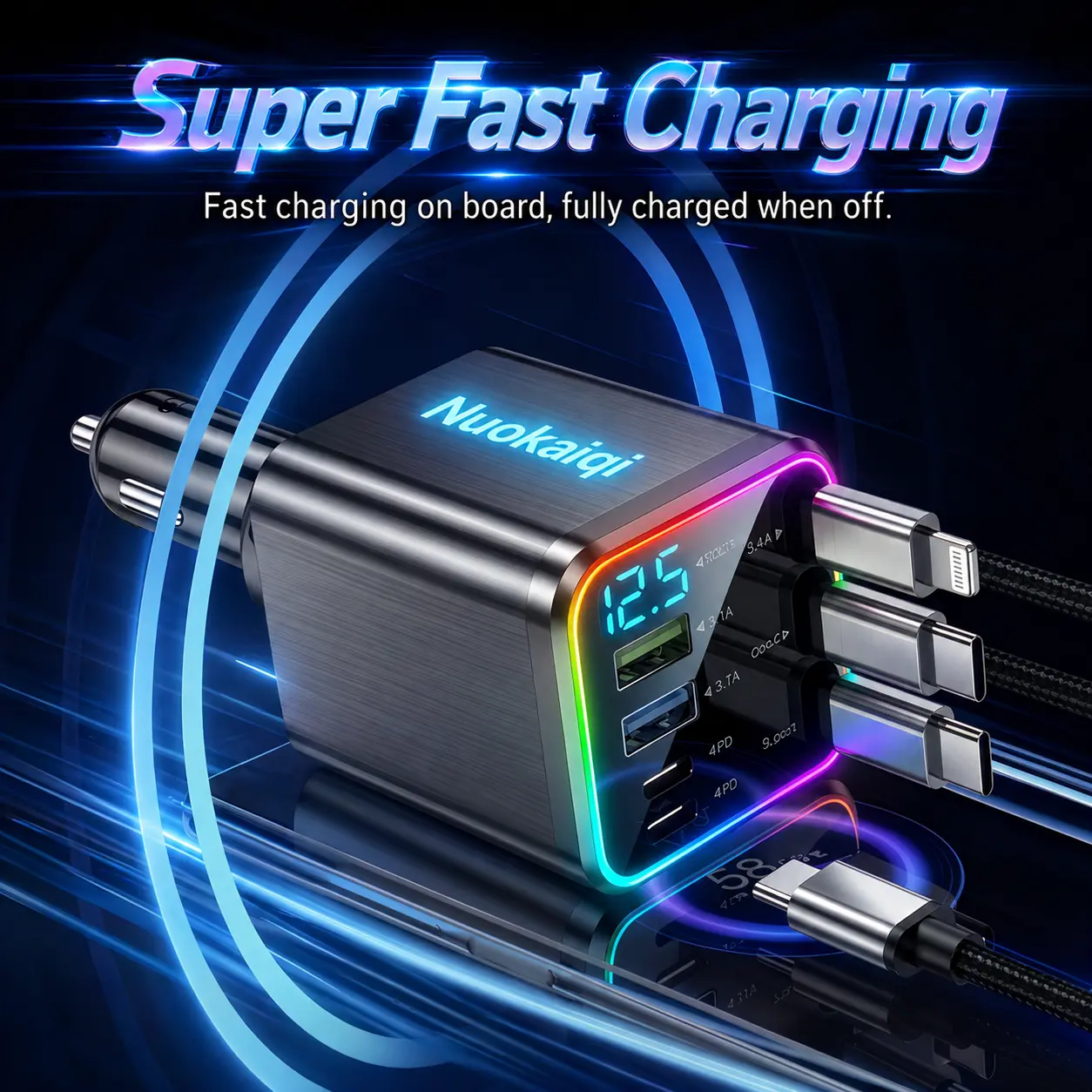 Super Fast Car Charger: QC3.0&PD2.0,120W Max,3 Retractable Cables + 4 Ports | 7-in-1,Smart Chip & LED Voltage Display | Universal Charging Solution for iPhone & AndroidThe Ultimate Road Trip Companion