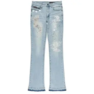 Yezen Light Blue Rhinestone Stacked Fit Jean