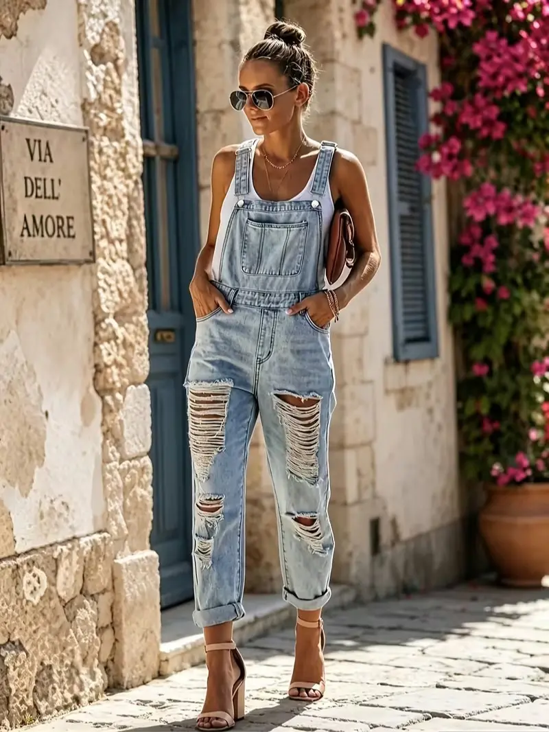 Women's Stretchy Denim Overalls - Ripped Distressed Jean Work Pants with Pockets, Machine Washable Summer Length Suitable for Office, Vacation & Daily Wear, Casual Stretchable Coveralls