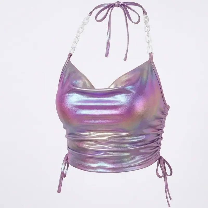 Metallic Halter Neck Chain draped neck Backless Crop Halter Top Sparkly Y2K Tube Top Ruched Party Top Chrome Detail Streetwear Fairy Core Festival Wear Womenswear