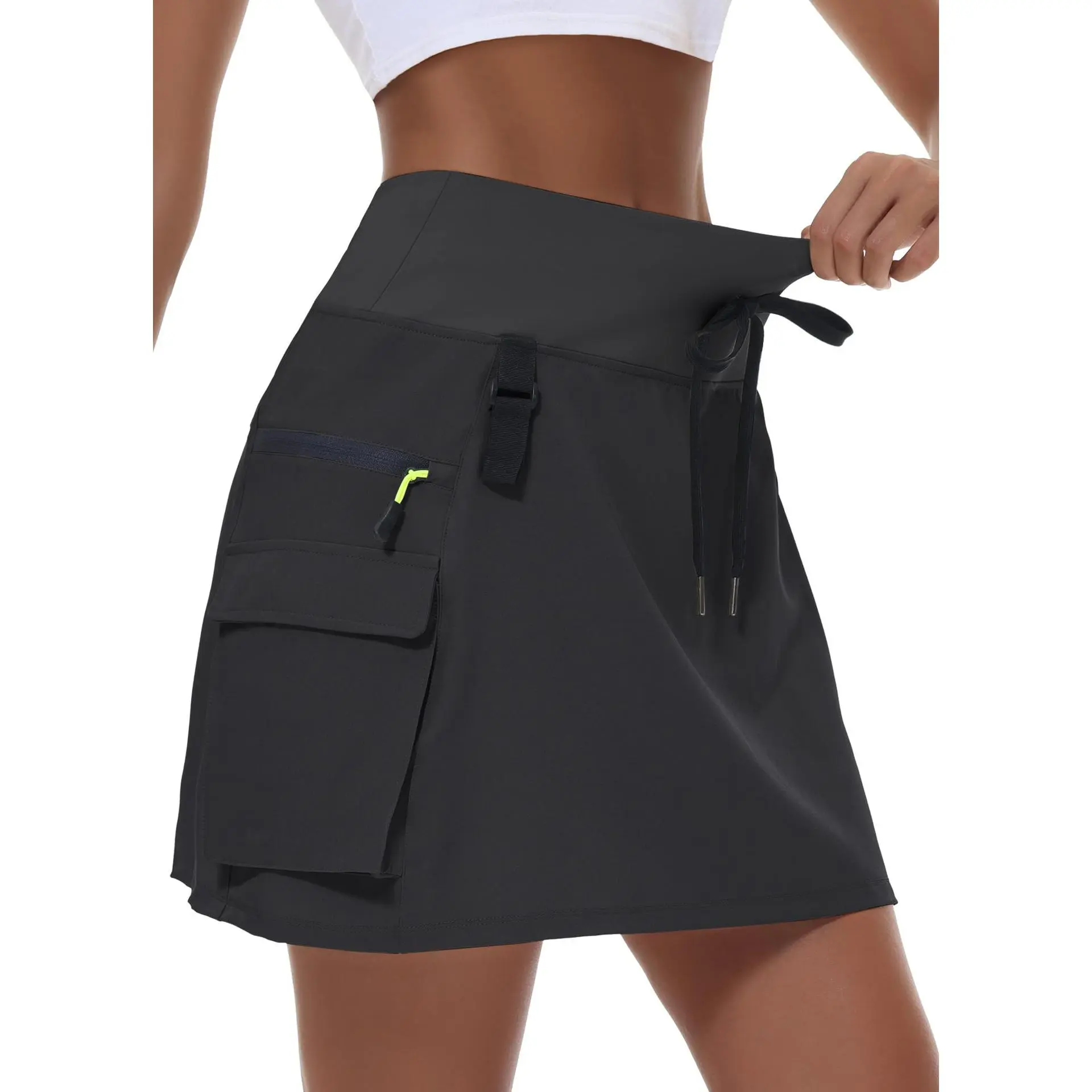 Women's High-Waist Drawstring Cargo Skort - Sportswear Workout Skirt with Built-in Shorts, Multi-Pocket Quick-Dry Casual Sport Skirt Pleated for Outdoor Activities