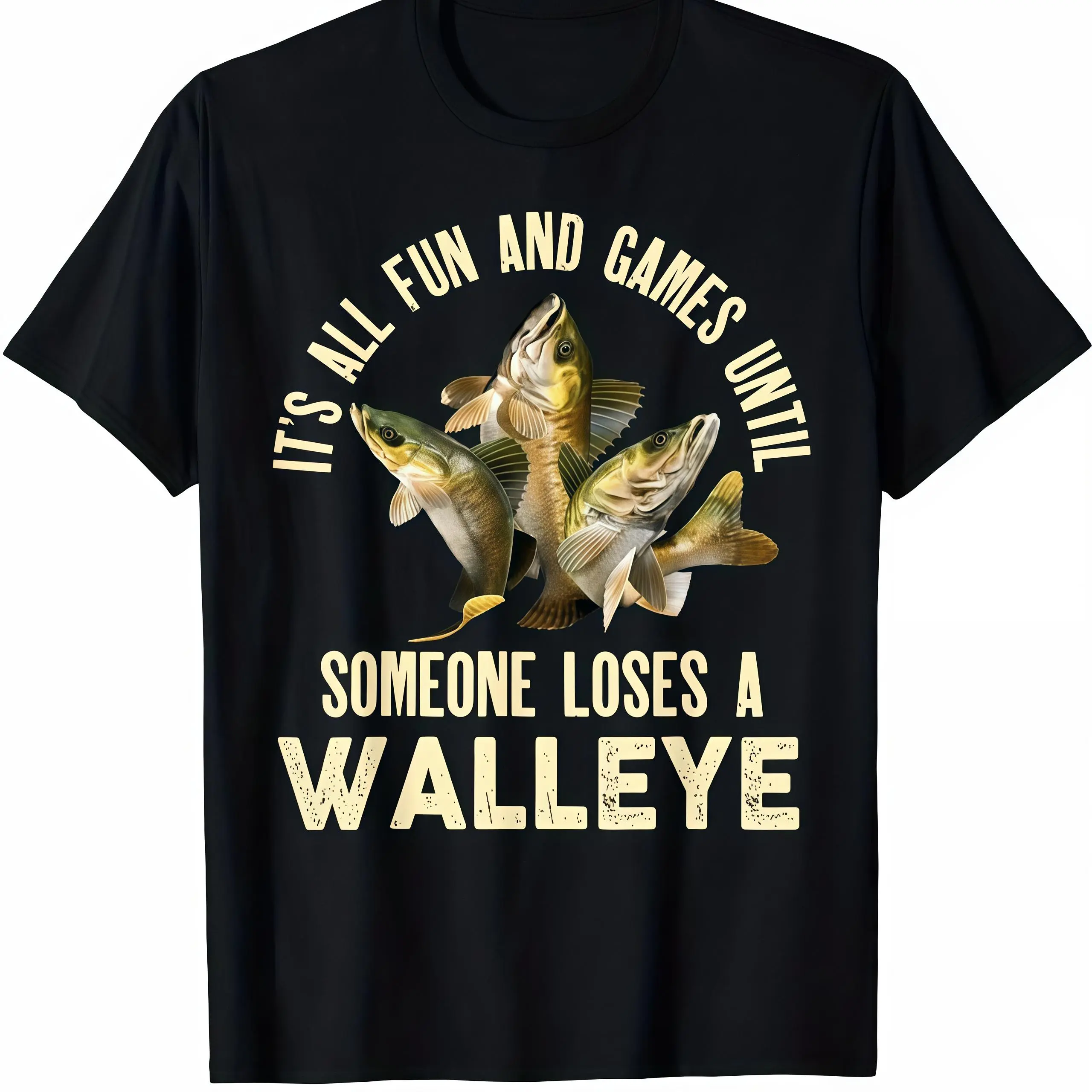 Funny Walleye Fishing T-Shirt, Short-Sleeve Graphic Tee for Anglers, Soft Breathable Fabric, Comfy Outdoor Sportswear Gift, Casual, Fade Resistant, Vibe, Worker, Menswear