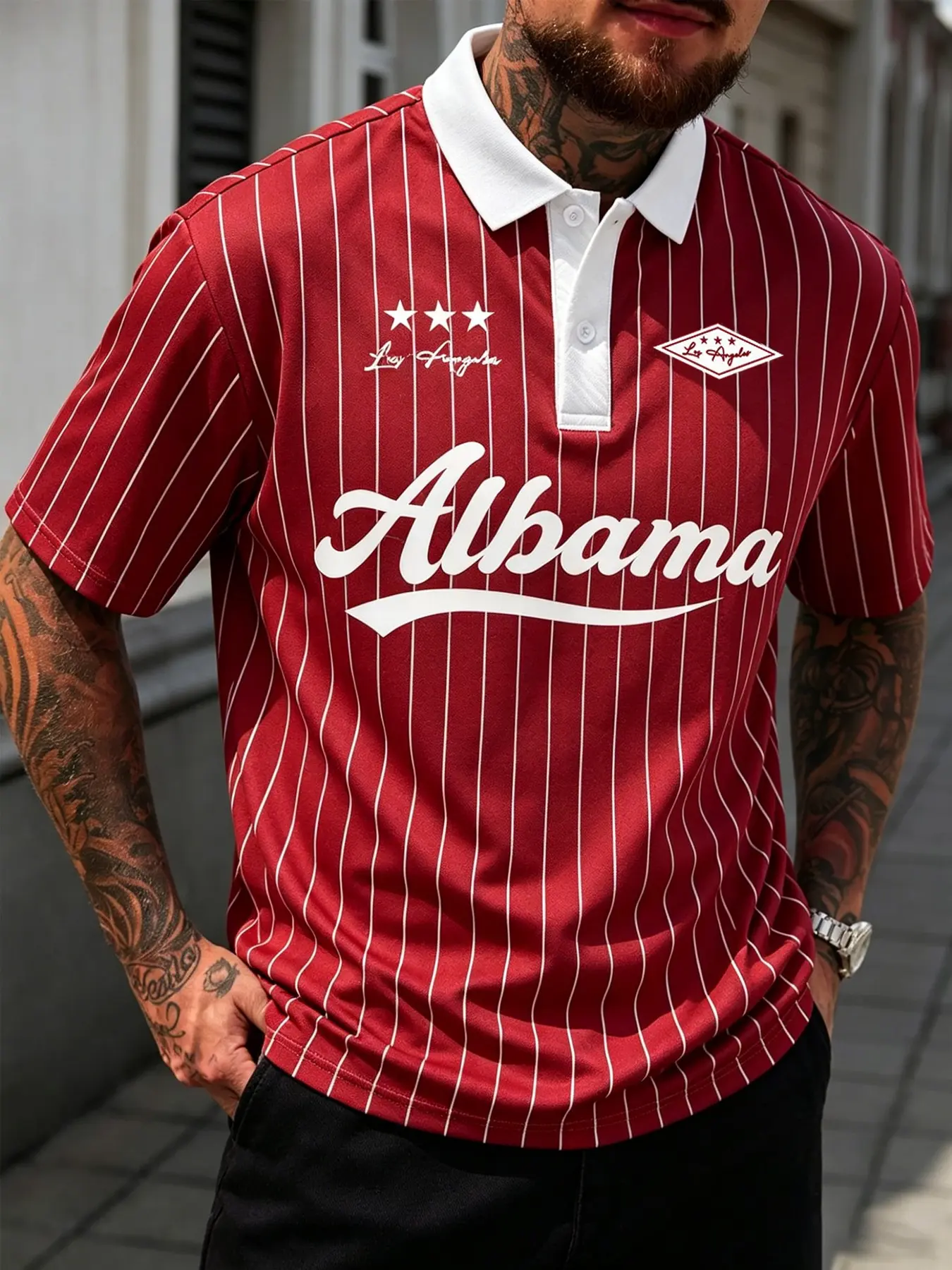 New Men's Striped Alabama Print Polo Shirt, High-Quality Soft Mesh Breathable Quick-Dry Fabric, Casual Streetwear & Sportswear