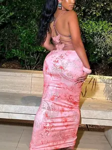 Pink Backless Maxi Dress Women Lace Up Strappy Bodycon Midi Dress Sexy Printed Summer Party Clubwear Date Night Outfit Slim Fit Vacation Beach Dress