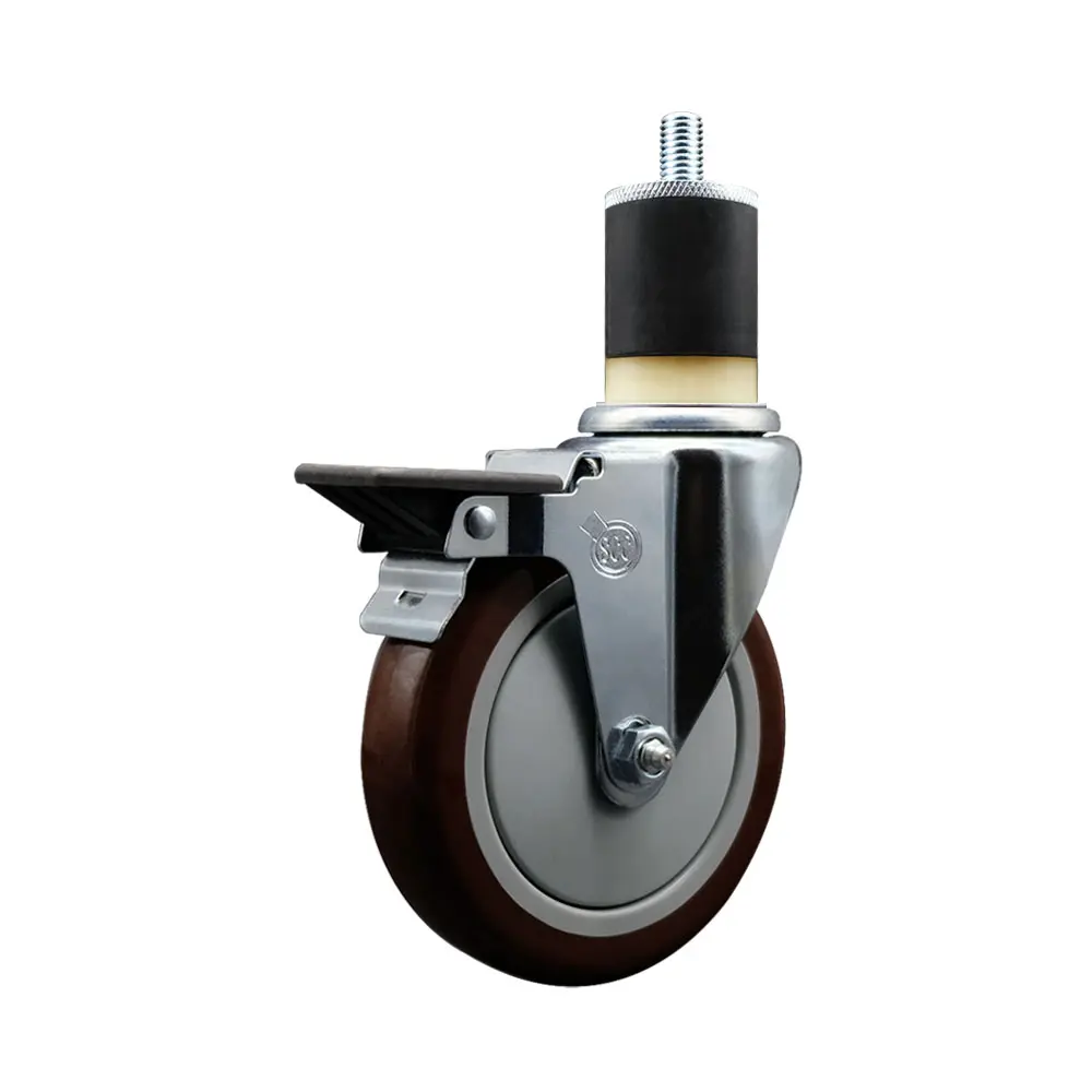 Service Caster SCC-EX20S514-PPUB-MRN-PLB-178 Heavy Duty Lockable Swivel Caster, Polyurethane Expanding Stem, 5 in. Maroon Lockable Swivel Furniture Moving Wheel, 1.87 in. Stem, Posi Locking Brake, Lockable Wheels