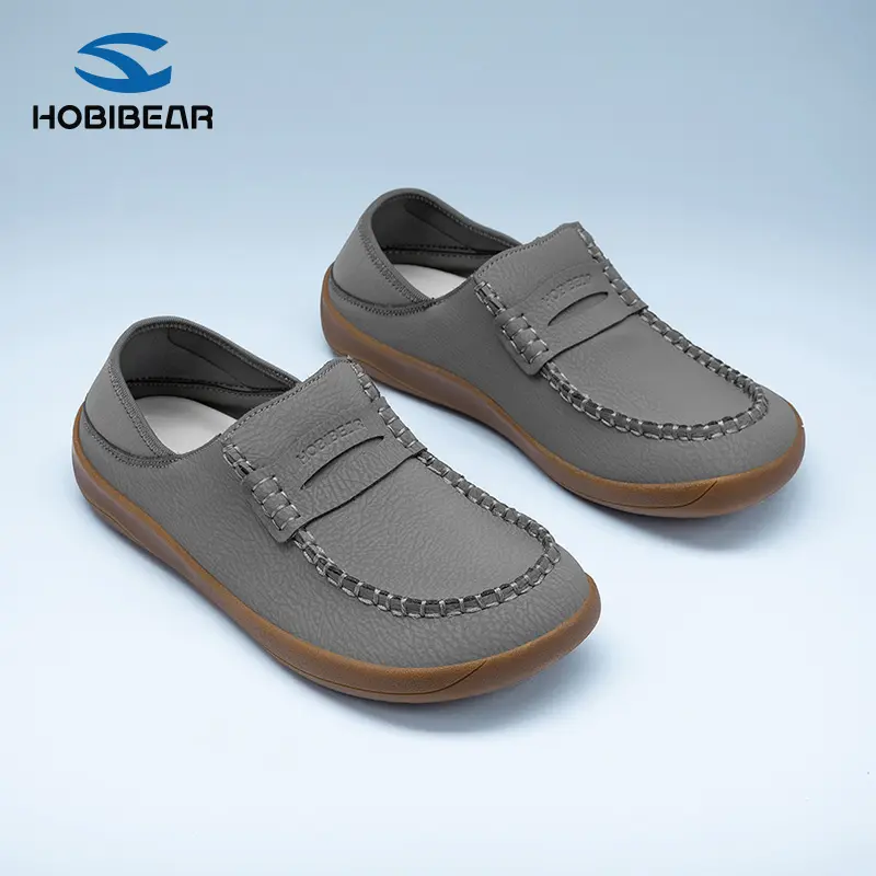 HOBIBEAR Women's Wide Toe Casual Flats - PU Leather Slip-On Loafers with Chain Strap & Striped Details, Breathable Comfortable Lightweight Shoes for Daily Driving & Walking (Dark Gray, Black)