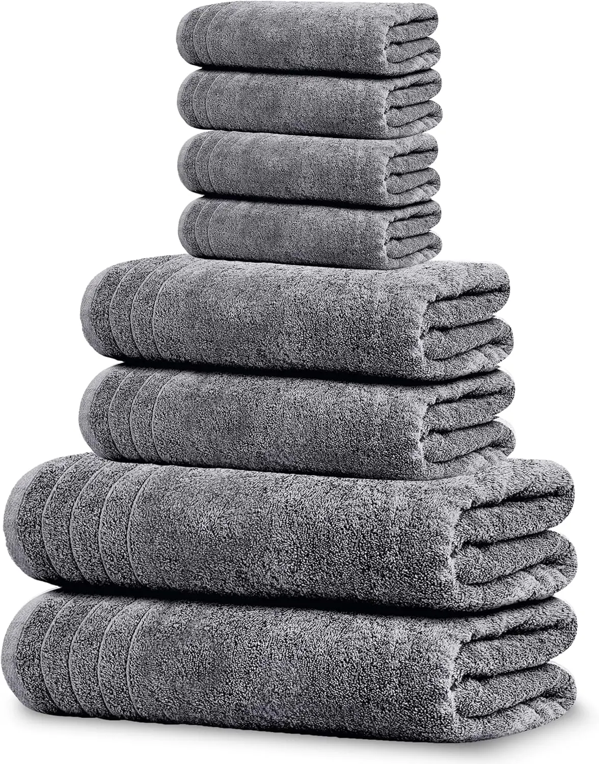 Unisex 100% Cotton 8-Piece Bath Towel Linen Set - 2 Extra Large (30x60 in), 2 Hand Towels (16x28 in), 4 Washcloths, Lighter Weight, Quick-Drying, Super Absorbent, Energy Efficient, Dark Grey Bathroom Supplies (Do Not Bleach)