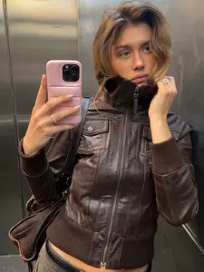 Women's Fitted High Neck PU Leather Jacket, Womenswear, Solid Color Winter Coat, Casual Style, Perfect for Fall & Winter Seasons