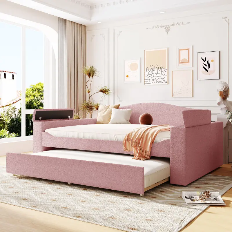 Full Size Upholstered Daybed with Storage Armrests, Trundle and Latest Integrated Bluetooth Audio System, Teddy Fleece Platform Bed with Slats, No Box Spring Needed