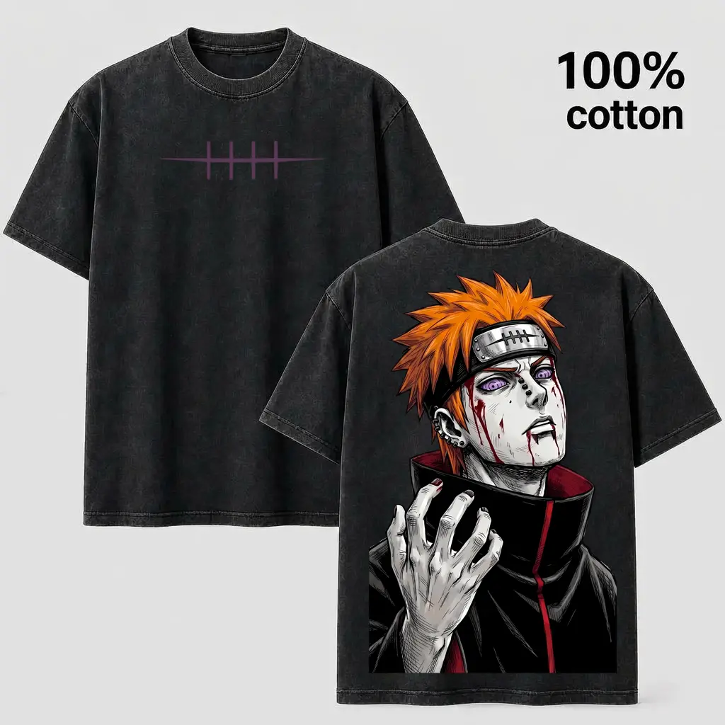 Vintage Washed 100% Cotton Anime Graphic T-Shirt - Akatsuki Pain Oversized Streetwear Tee