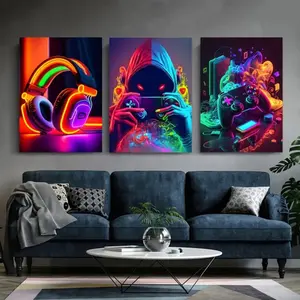 3-Piece Optional Wooden Frame Punk Style Gamepad Gaming Room Theme Art Poster Waterproof Premium Thick Canvas High Saturation Accurate Contrast Boys Room Decor