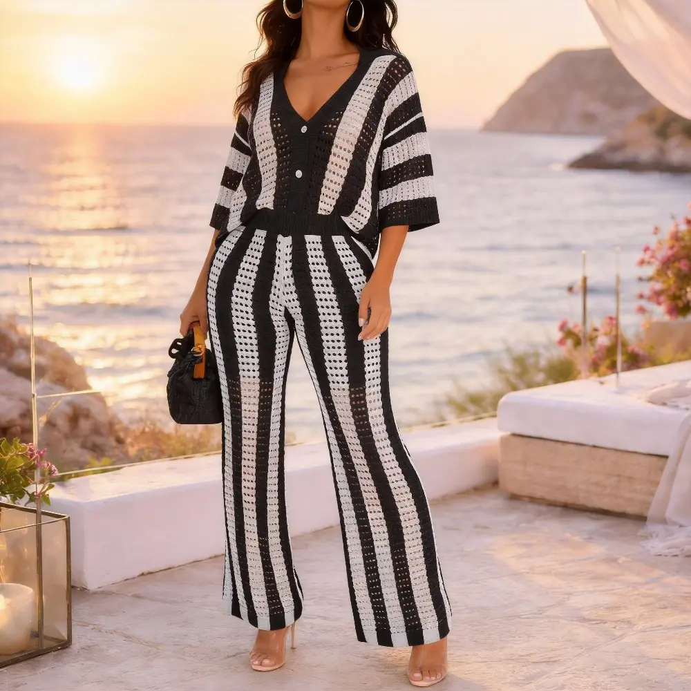 Women's Sexy V-neck Hollow Striped Lapel Knitted Width Blouse And Pants| Color Block Striped Button Front Top & Wide Leg Pants | Casual Beach Vacation Outfit, Resort Wear, Y2K Trendy Matching Set 2026