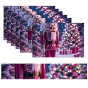 Custom-made seven-piece Christmas table mat set Festive Nutcracker Figure In Red And Gold Stands Amid Snowy Christmas Tree And Gift Boxes