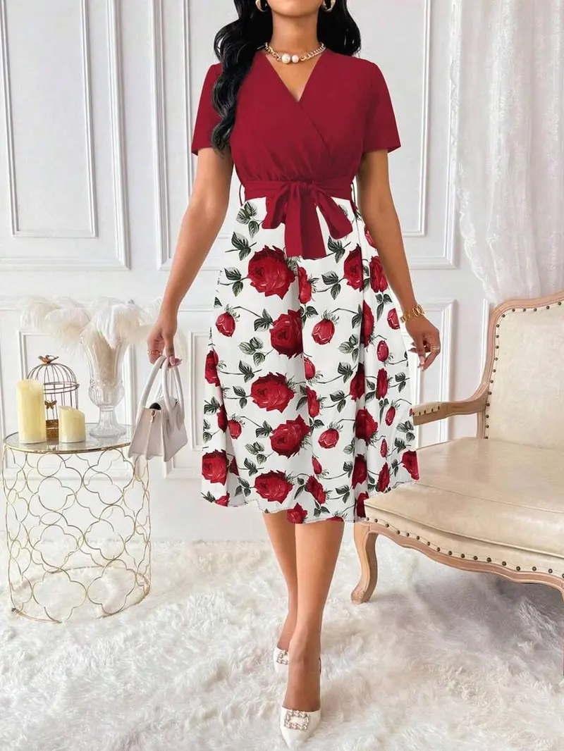 Women's Olive Green Floral Print V-Neck Short Sleeve Maxi Dress with Belted High Waist A Line Casual Outfit for Formal & Evening