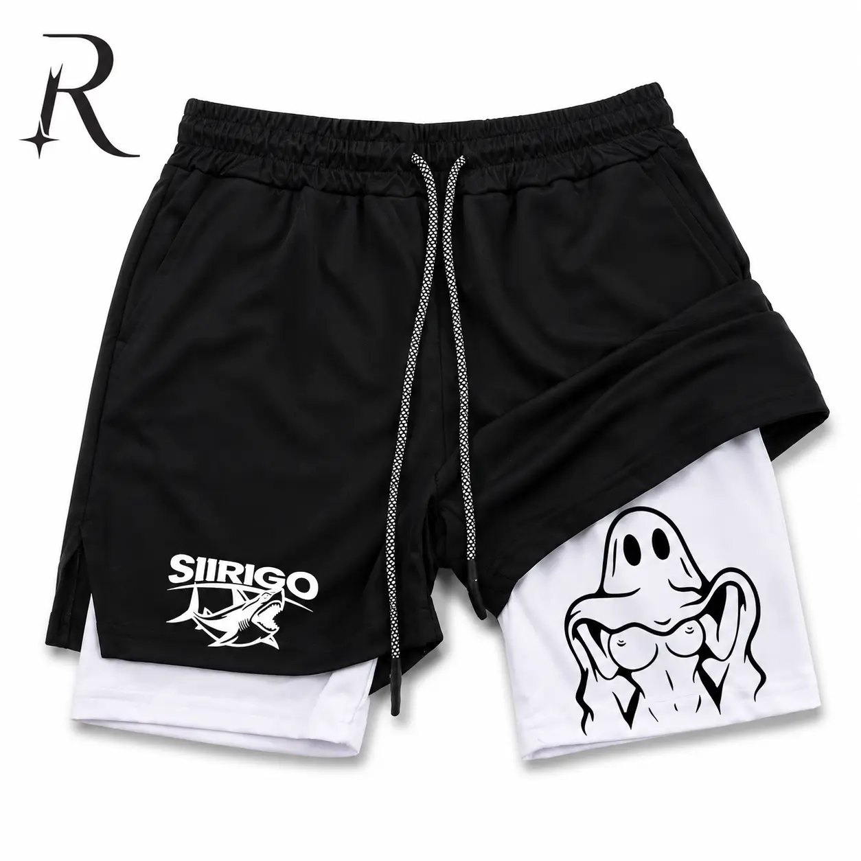 Men's 2-in-1 Running Shorts - Anime Naughty Ghost Graphic Print, Bilayer Quick-Dry, Gym Athletic Workout Clothing, Aesthetic Y2K Streetwear