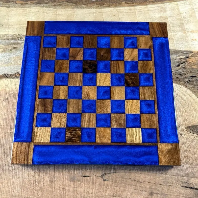 Black Walnut Deep Blue Chess Board Handmade with Pieces 16x16in Epoxy Resin Tabletop Game for Tournament Players