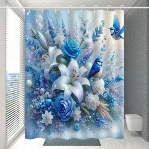 Nordic Style Blue Rose Lily Flower Shower Curtain, High-End Elegant Floral Bathroom Curtain, Multi-Functional Shower Curtain, Bathroom Decoration