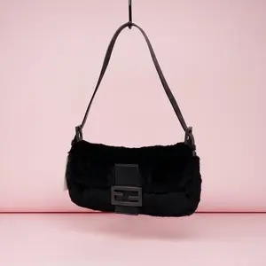 Pre-owned FENDI Leather Shoulder Bags Mini Mamma Baguette Black Furry