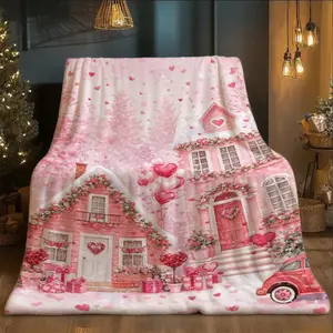 【JIT】One Piece Valentine’s Day Village Printed Flannel Blanket Flannel Throw Blanket - Warm and Soft, Suitable for Sofa, Bed, and Travel, All-Season Use, Machine Washable, Suitable for Travel, Nap, Enhances Home Atmosphere, for Parents