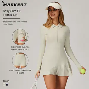 MASKERT Women’s Tennis Dress, Long-Sleeve Fitted Dress with Built-in Shorts