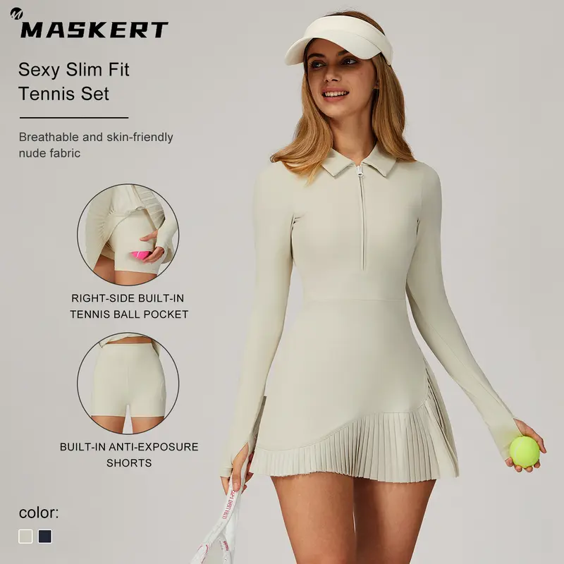 MASKERT Women's Long Sleeve Fitted Dress with Built-in Shorts for Fitness & Commuting summerwins Casual Wear Nylon