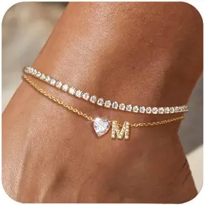 14K Gold Filled Initial Ankle Bracelets for Women - Waterproof Non-Tarnish Layered Anklets Adjustable Large Size Summer Beach Foot Jewelry