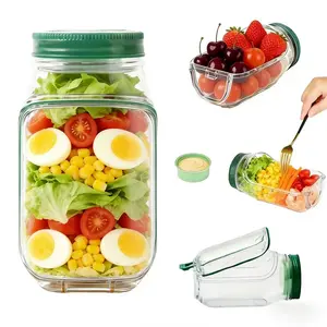 SALAD Jar - Salad Pod Mason Jar Side Open,Glass Visual Salad Jar with Side Opening for Lunch, Leakproof Dressing Compartment, Microwave & Dishwasher, Portable Salads Dressing Container with Lid for Travel, Home, Office