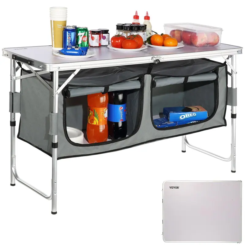 VEVOR Rectangular Portable Foldable Outdoor Cooking Station, Sturdy Powder-Coated Metal & MDF Lightweight Outdoor Table, Quick Set-Up, 3 Adjustable Heights, Multi-Compartment Table for Picnics, BBQs, Camping