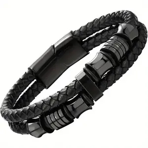 Double-row woven leather wristband bracelet - Made of high-quality alloy, no electroplating, with decorative accents, adjustable size, stylish bracelet design, both durable and comfortable to wear, specially designed for teenagers