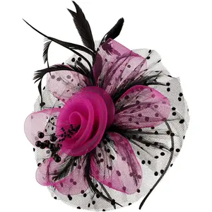 Kentucky Derby Fascinators for Women High Tea Hat Wedding Cocktail Flower Headware with Mesh and Feathers