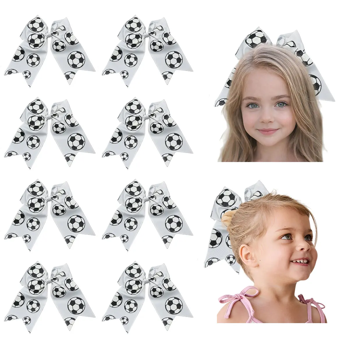JoyBowie 8pcs Soccer Hair Bows for Girls  Glitter Soccer Print Elastic Ponytail Hair Ties | Game Day Sport Accessories for Toddlers Kids, Team Spirit Outfit