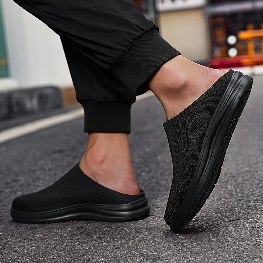 Men's Round Casual Walking Shoes - Breathable Fabric Upper, EVA Cushioned Sole, Lightweight Anti-Slip Support, Slip-On Mules Casual Trainers, Black, Anti-Slip Support Casual Trainers