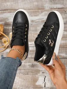 Women's Casual Colorblock Sneakers, Low-Top Lace-Up Skate Shoes, Comfortable Canvas Footwear for Daily Wear