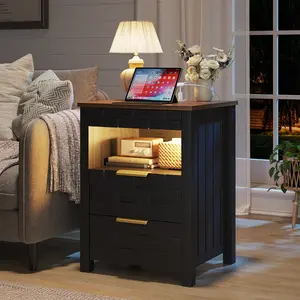 Lvifur Nightstand with Gun Drawer - Bedside Table with Charging Station and 2 Drawers, Smart Side Table with 3-Color Human Sensor LED Lights for Bedroom