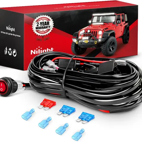 Nilight NI-WA 06 LED Light Bar Wiring Harness Kit - 180W Dual Leads, 2-Light Output, 12V On-Off Switch, Power Relay, Blade Fuse, 12V Compatible, Water-Tight Cap, Automotive Off-Road Work Lighting Accessories