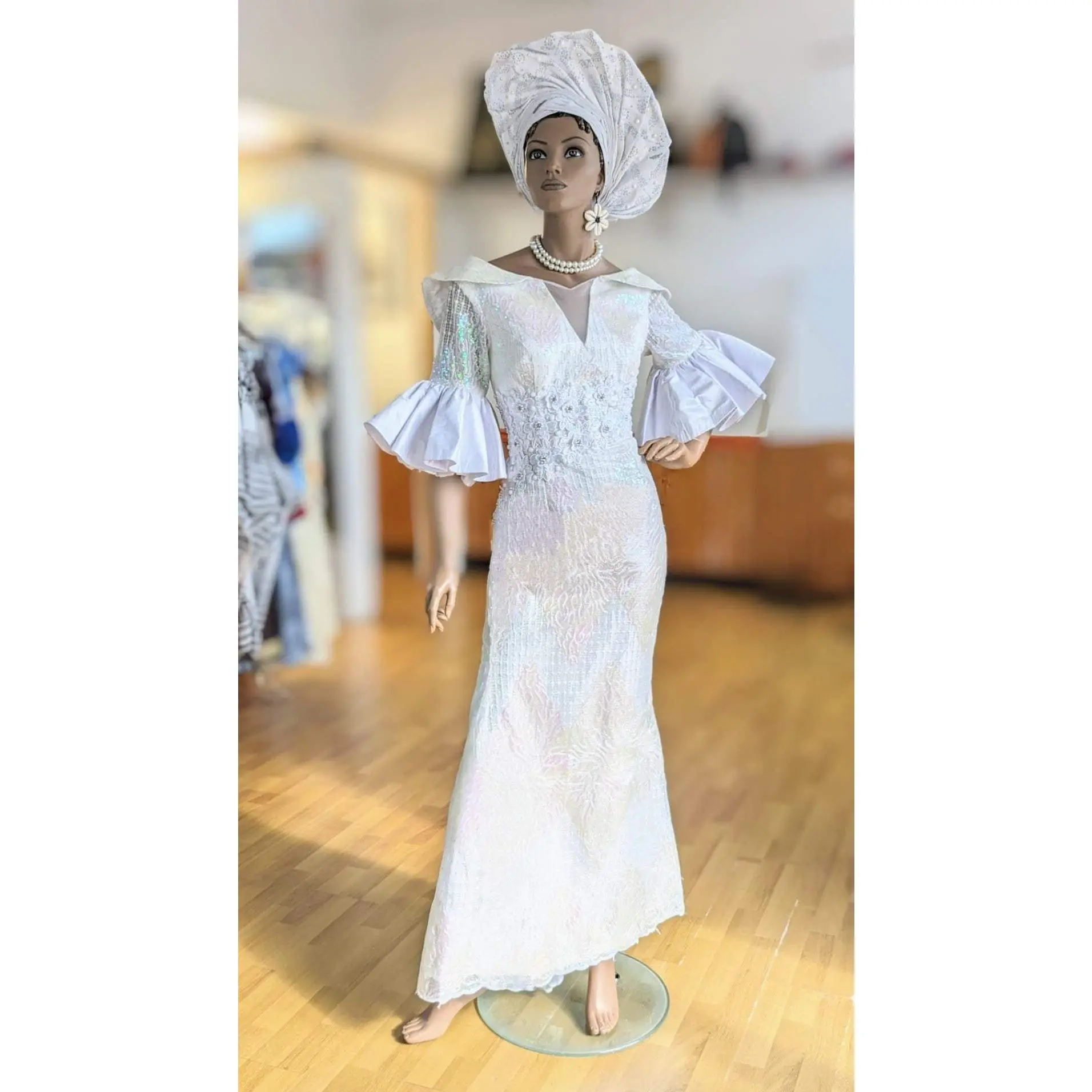Lovelene exquisite White African Sequin Lace Maxi Dress with Taffeta below elbow flare sleeves-DPXALWS4