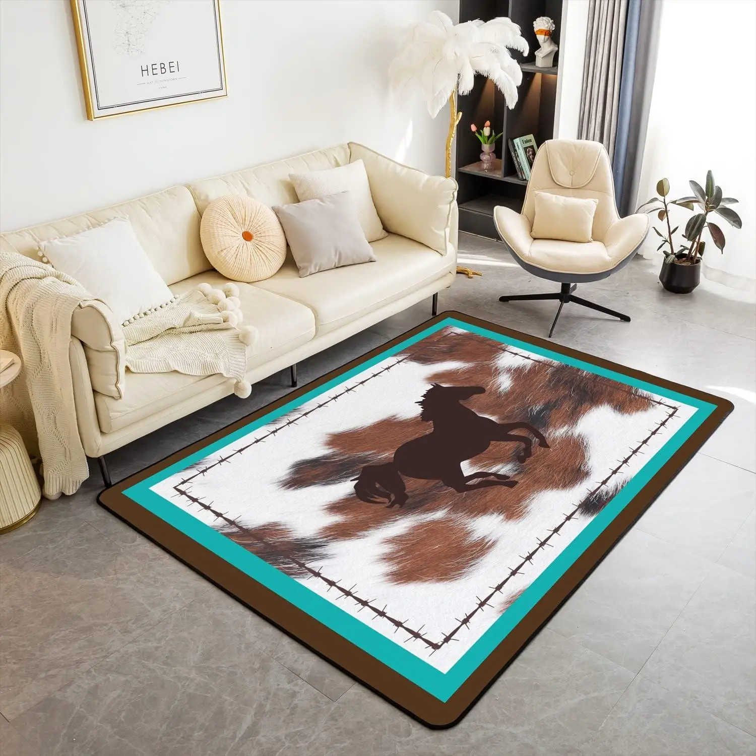 Horse Area Rug Western Farm Cowhide Printed Rugs Mat Living Room Bedroom Teal Blue Brown Pattern Decor Carpet Non Slip Area Runner Rug