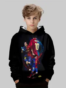 Dark Barcelona Messi 10 Number Highlight Hoodie, Graphic Team Hoodie, Ronaldo Boys Football Fan Classic Print, Casual All-Over Print, Fall & Winter
