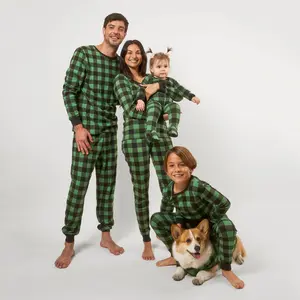 Leveret Kids Footed Cotton Matching Family Pajama Plaid Black & Green 6-12 Month