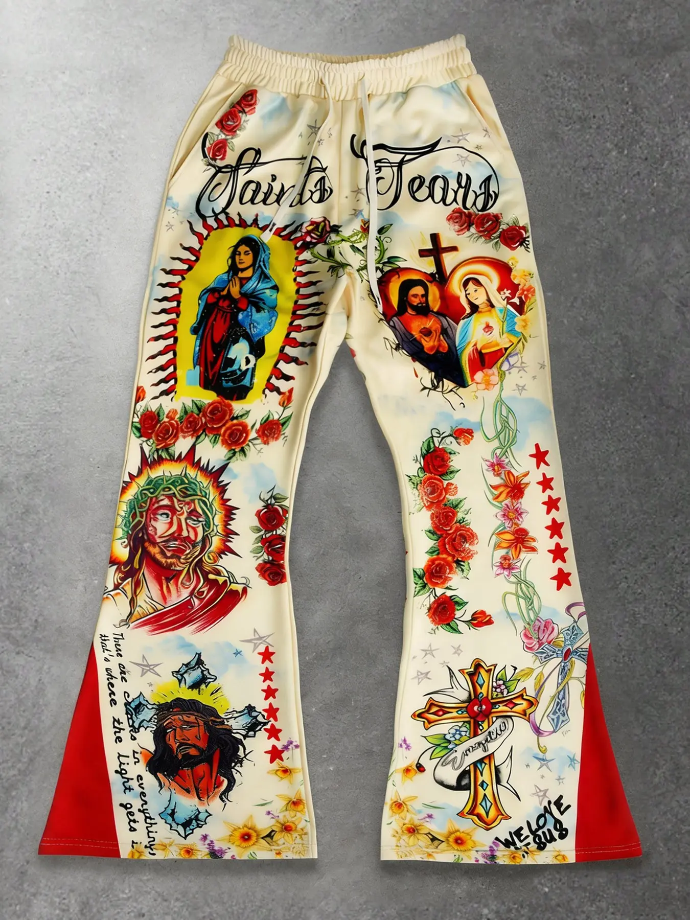 Saint Jeans, Unisex Design, Christian Print Spring/Autumn Vintage Fashion Men's Pants, European/American High Street Style Streetwear Sporty Geometric Aesthetic Trousers