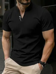 Men's Short Sleeve T-Shirt, V-Neck Letter Embroidery, Casual Fitted H-Type, Chevron Pattern, Daily Wear and Outdoor Sports