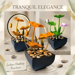USB Powered Tabletop Fountain With Reflective Lighting Feature And Natural River Rocks, Desktop 3-Tier Indoor Golden Lotus Leaf And Flower Relaxation Fountains Waterfall, Office Home Decor