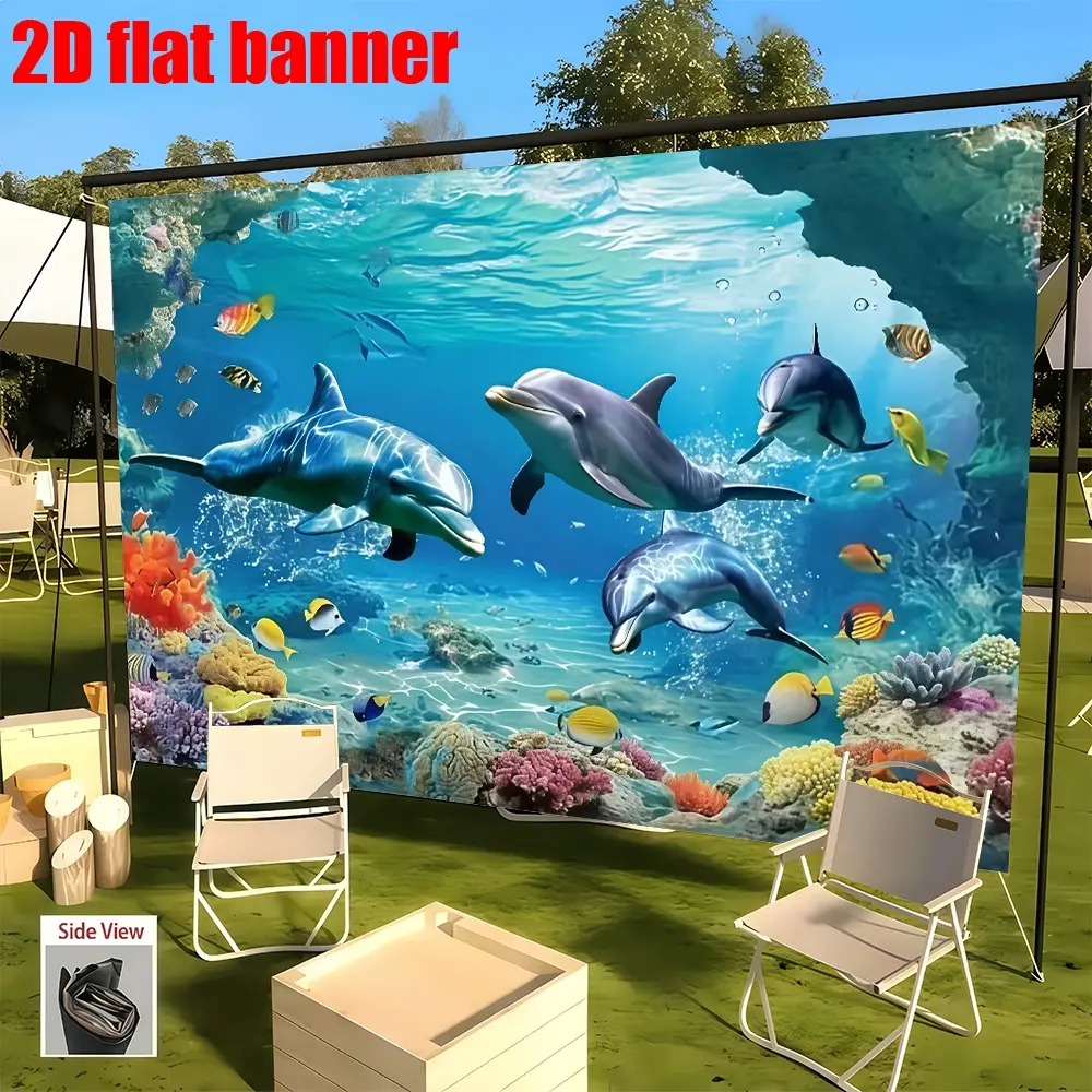 Aquarium dolphin backdrop banner, featuring blue whale sharks, Nemo fish, and coral reef decorations. Suitable for room, patio, studio, home, and garden celebrations, photography backdrops, holiday supplies, holiday party decorations, home décor