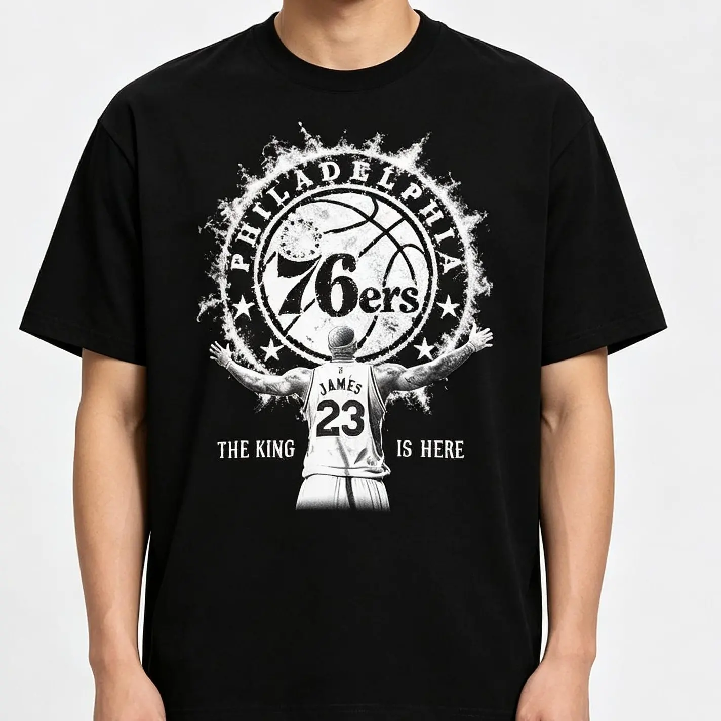 LeBron James Graphic T-Shirt, 76ers Inspired Basketball Legend Tee, Vintage Sports Streetwear Shirt, Retro Athletic Style Short Sleeve Top, Casual Fan Gift for Men Women