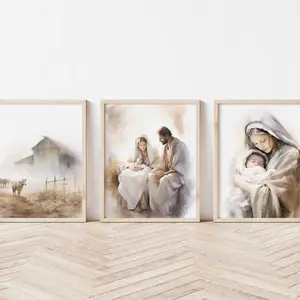 Unframed, Room Decor, Christmas Nativity Art,christmas Decor, Set of 3 Nativity Scene Art, Picture of Christ 5 size, 8x12 to 27x40 inch
