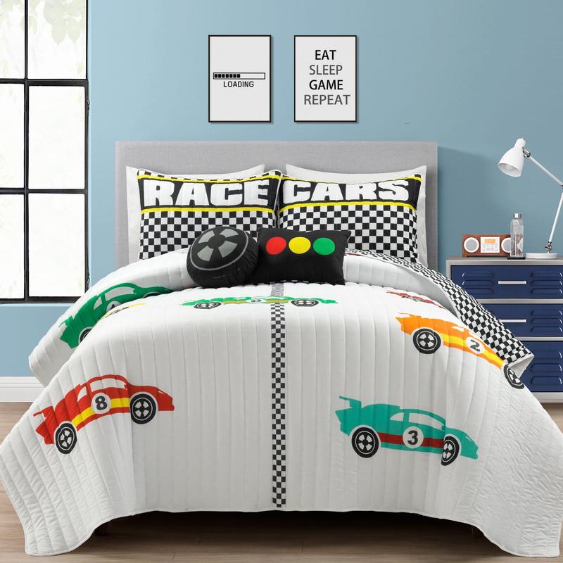 Lush Decor Racing Cars Quilt Set 4Pc or 5Pc - Microfibre Cartoon Pattern Blanket - Twin/Full/Queen Sizes with Reversible Shams & Decorative Pillows - OEKO-TEX Certified