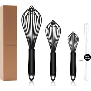 Dishwasher Safe Silicone Whisk, Sealed Waterproof Design Set of 3, Professional Kitchen Whisks for Cooking Non-Scratch, Silicone & Stainless Steel Whisk, Heat Resistant Balloon Egg Beater, Black