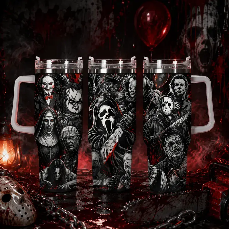 [Gift box and straw] Halloween Horror Movie Characters Tumbler 20oz, 40oz Stainless Steel Tumbler With Handle and Straw  Double Wall Vacuum Travel Mug, Witch Magic Potion Design Coffee Cup, Perfect Gift for Halloween