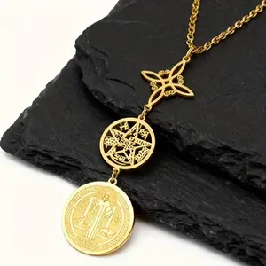 Triple Protection Necklace Stainless Steel Catholic & Jewish Spiritual Amulet with St Benedict Wiccan Knot Pentagram Quadruple Charm Religious Gift for Protection Daily Wear Parties Unisex
